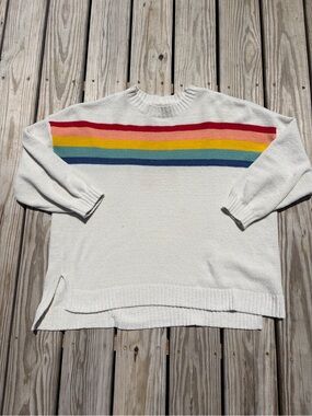 American Eagle Cropped Beige Rainbow Striped Sweater- Long Sleeve- Size L/XL